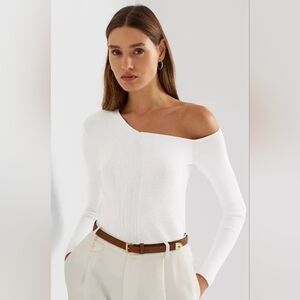 Lauren Ralph Lauren Black Label One Shoulder White Ribbed Asymmetric Top S $185